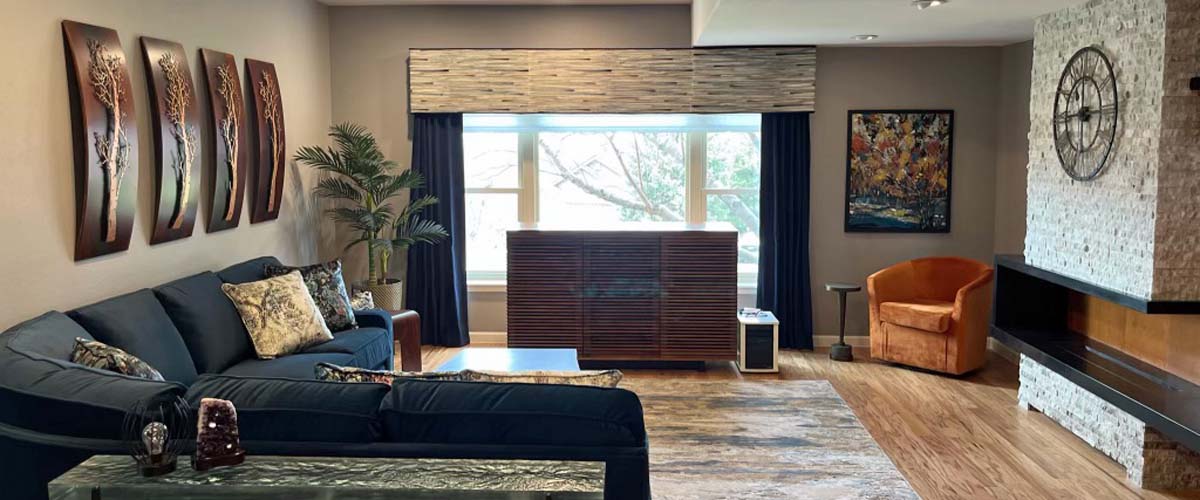 A tailored custom cornice above a window treatment