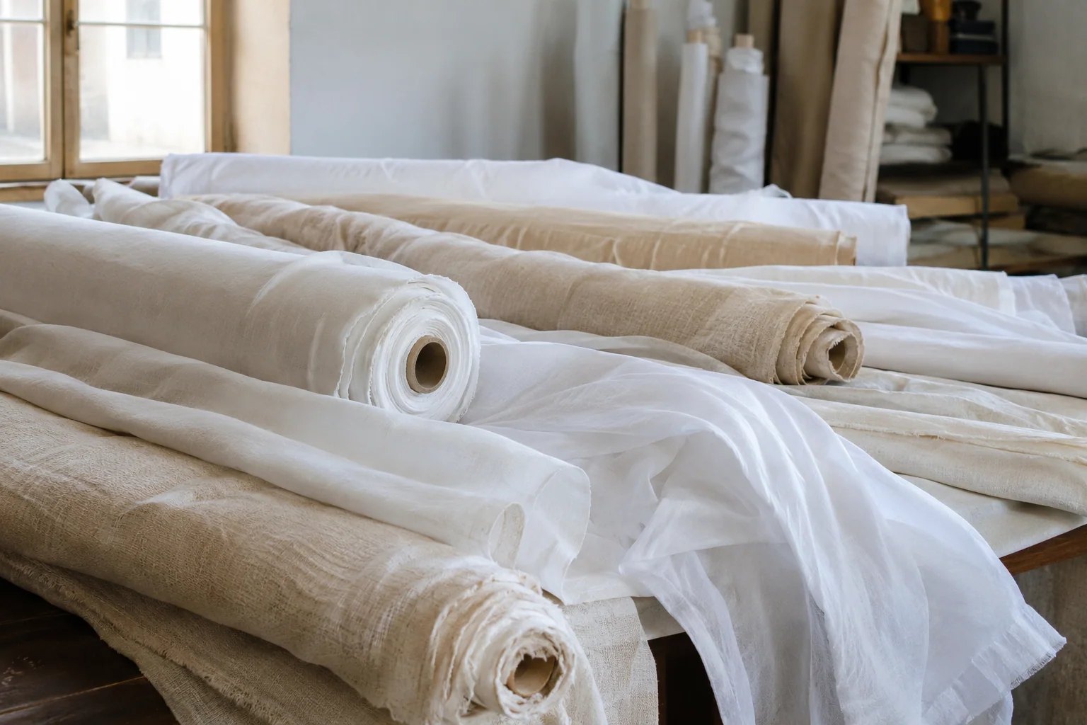 Ivory and natural linen fabrics rolled out across a workroom table, lit by sunlight from a nearby window